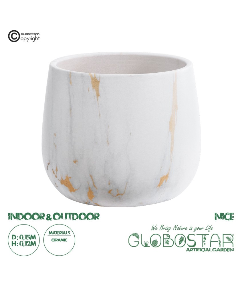 GloboStar® Artificial Garden NICE 20550 Διακοσμητικό Κεραμικό Κασπώ Γλάστρα - Flower Pot Λευκό με Χρυσές Λεπτομέρειες Φ15 x Υ12cm